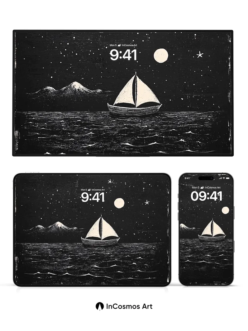 Moonlit Sail Wallpaper with Star-Strewn Silence