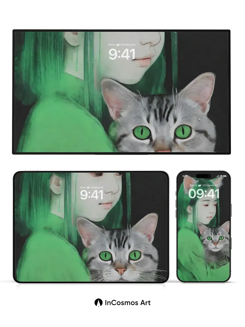 Emerald Hush Wallpaper with Feline Gaze
