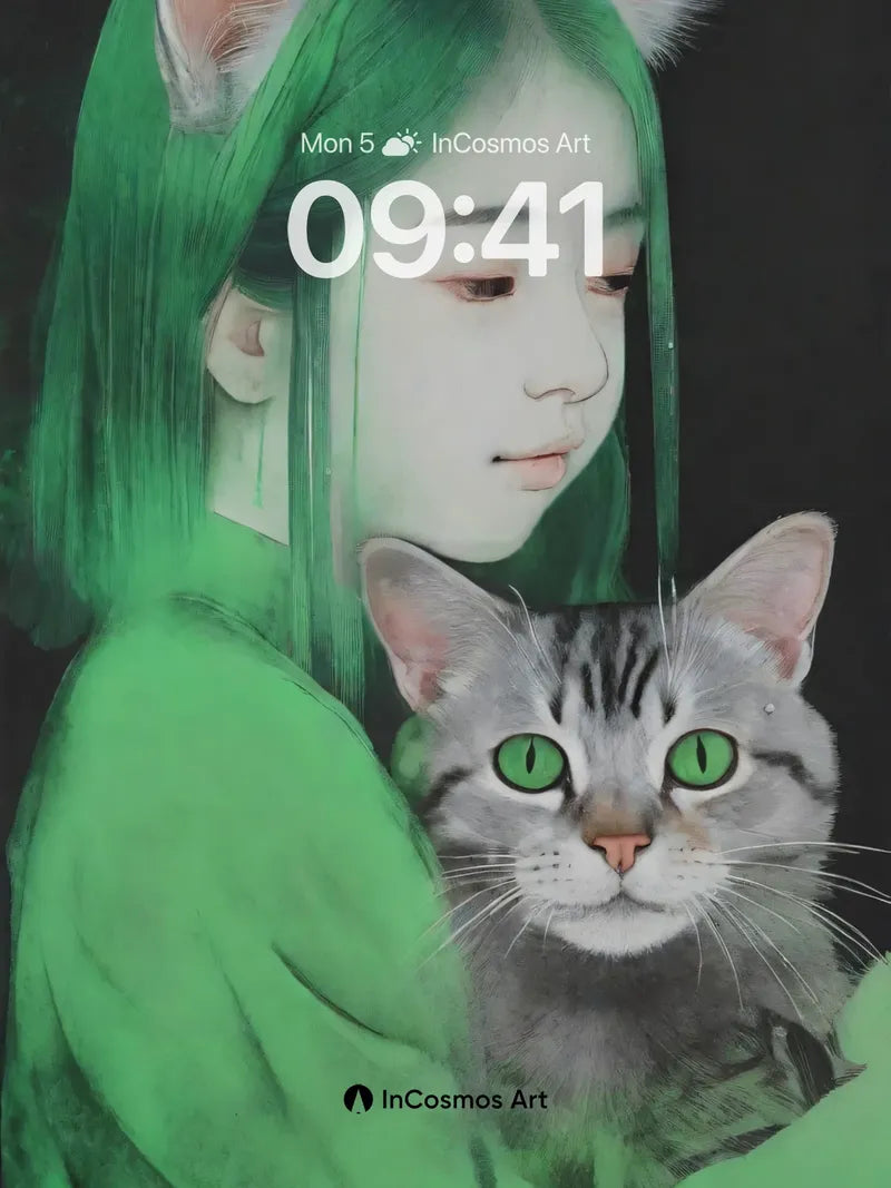 Emerald Hush Wallpaper with Feline Gaze