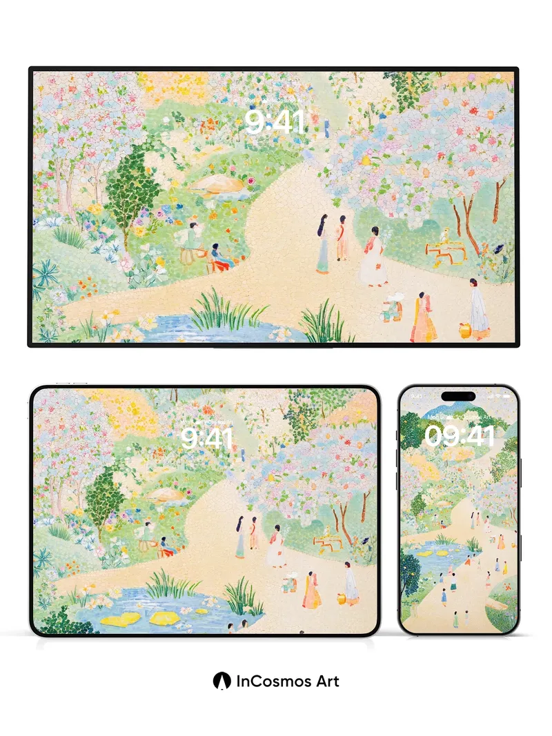 Whispering Path Wallpaper with Floating Petals