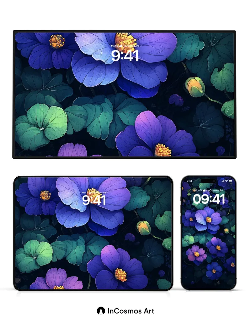 Nocturnal Bloom Wallpaper with Electric Petals