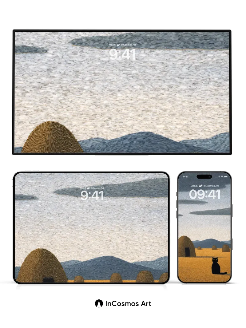 Serenity in Haystack Fields Wallpaper with Watchful Cat