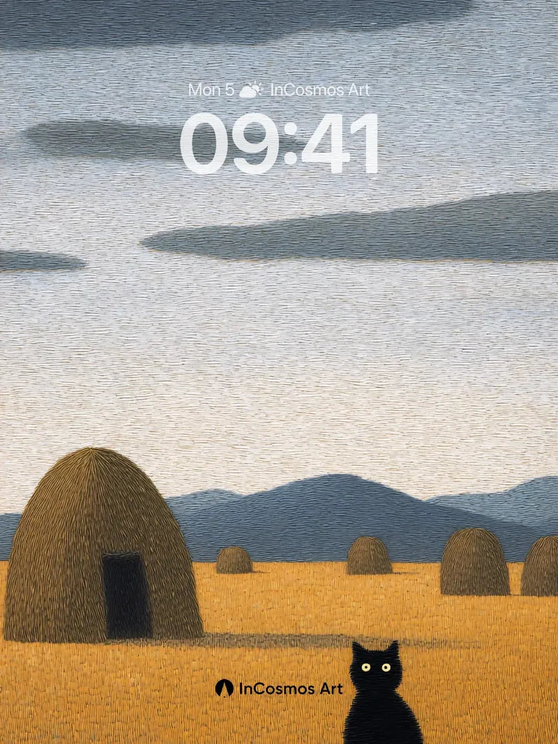 Serenity in Haystack Fields Wallpaper with Watchful Cat