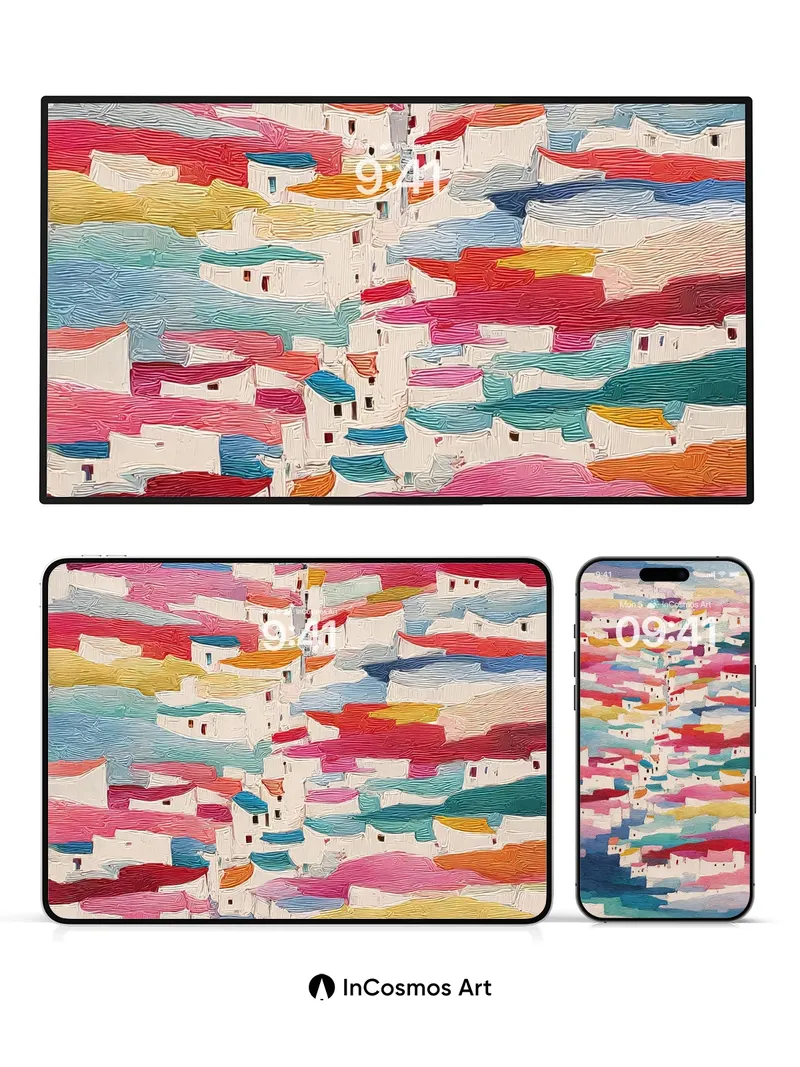 Color-Drifted Village Wallpaper with Textured Hues