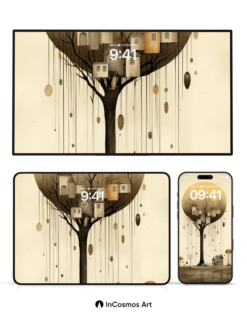 Suspended Haven Wallpaper with Hanging Homes