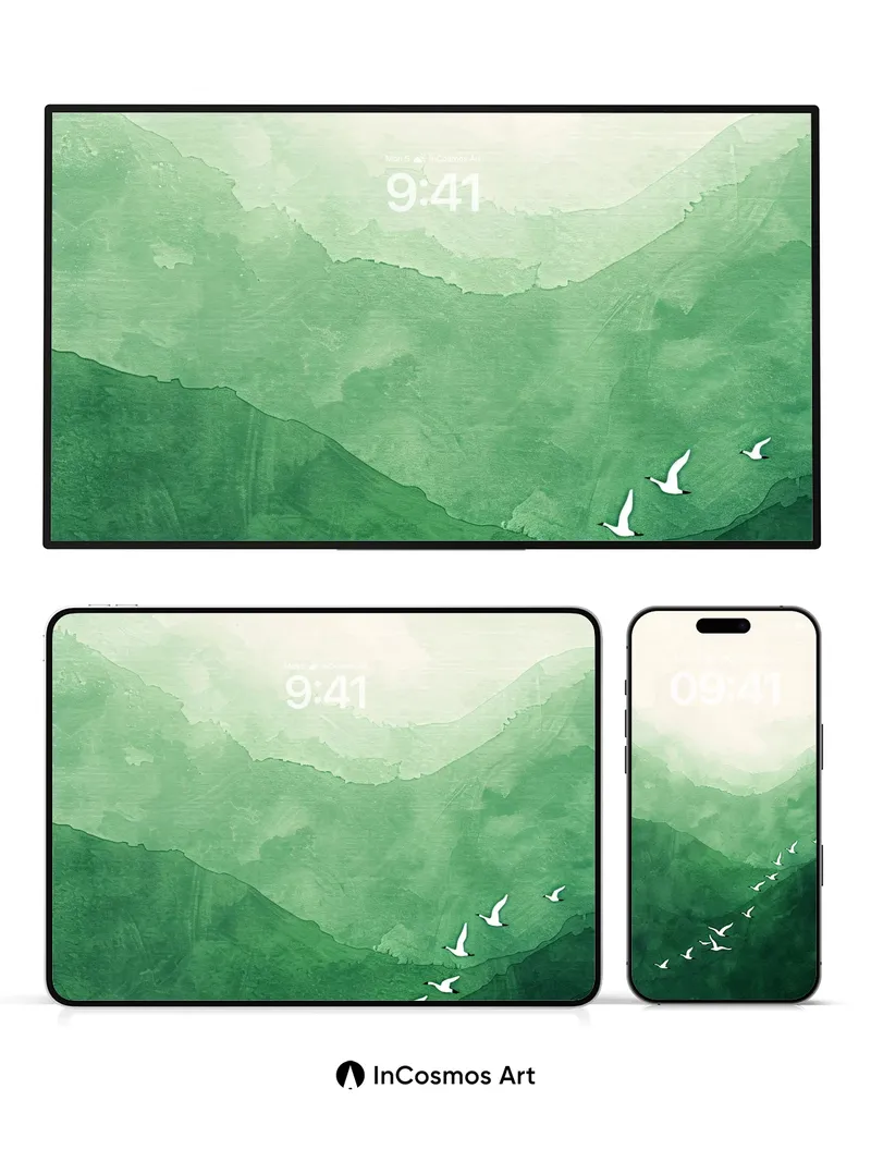 Serene Mountain Mist Wallpaper with Flying Birds