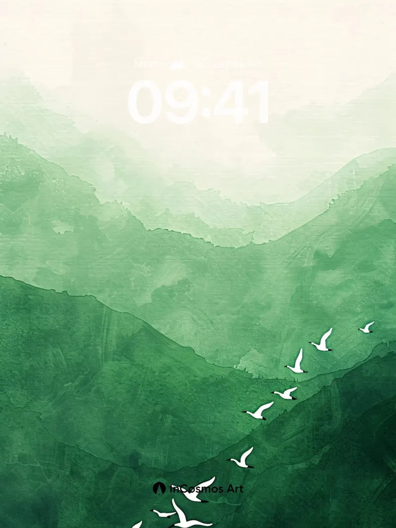 Serene Mountain Mist Wallpaper with Flying Birds wallpaper for iPhone, iPad & Mac