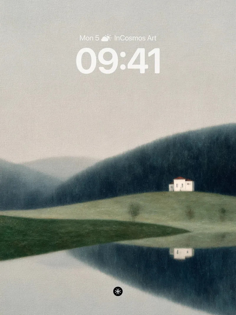 Serene Reflection Wallpaper with Misty Hills wallpaper for iPhone, iPad & Mac