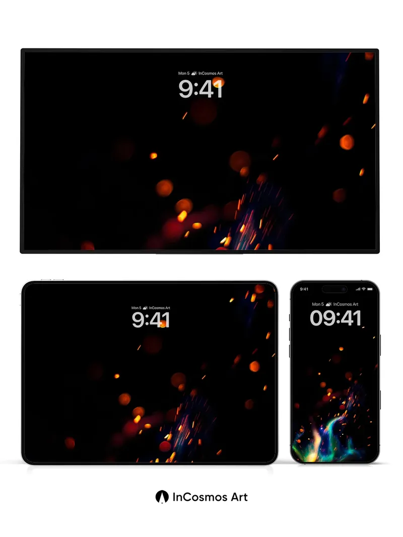 Cosmic Ember Wallpaper with Rainbow Flames