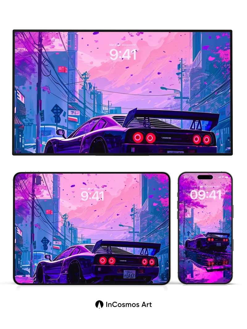 Neon Sakura Wallpaper with Reflective Rain