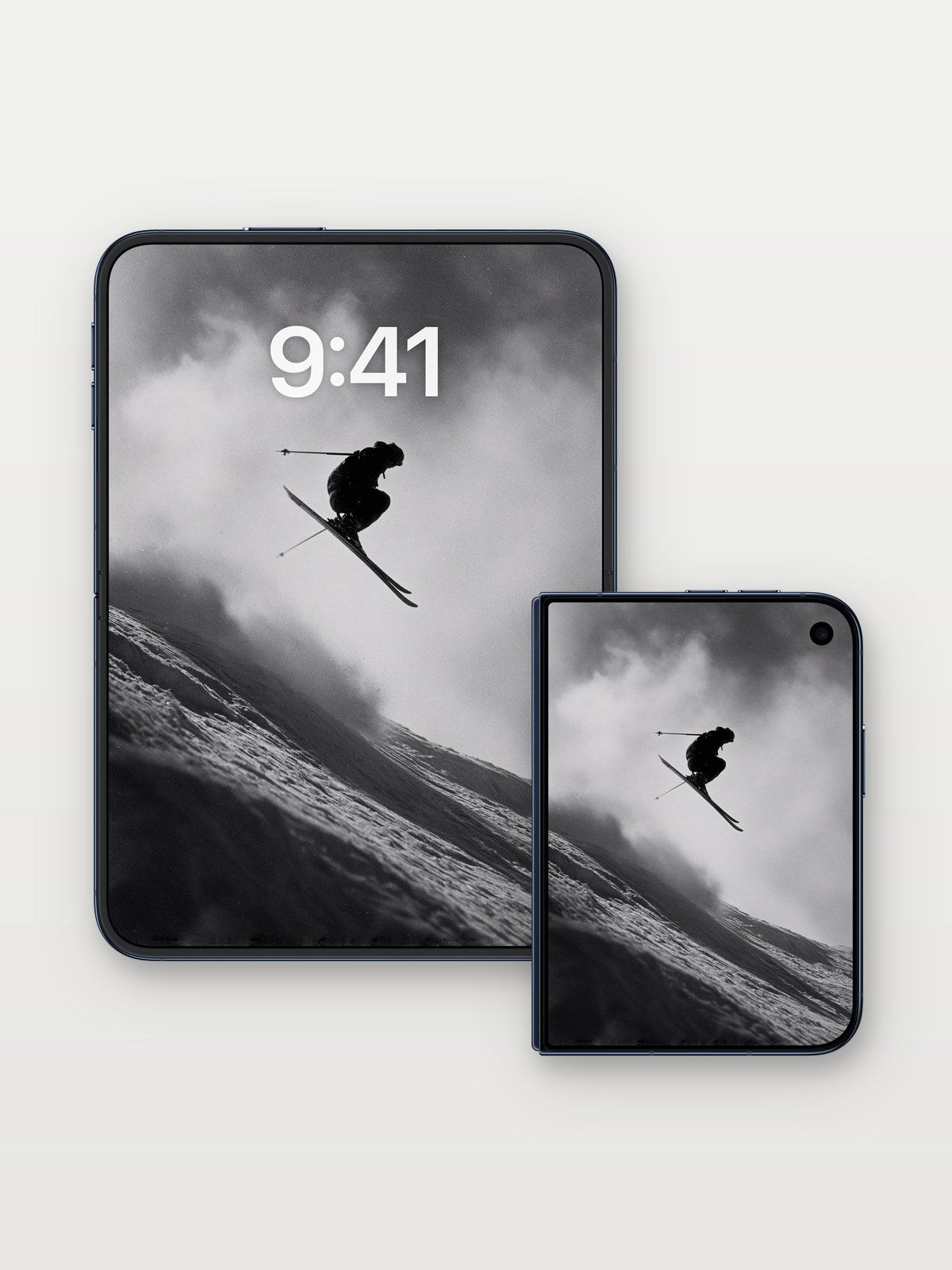 Silhouette Leap Wallpaper with Cloud-Shadow Drama on iPhone Duo, open and closed