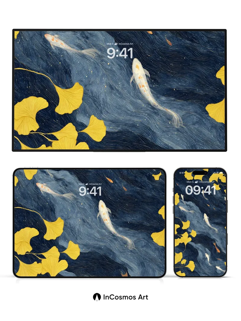 Whispering Koi Wallpaper with Ginkgo Drift