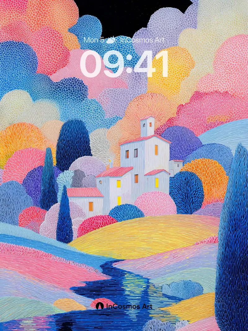 Whimsical Dotwork Village Wallpaper with Pastel Hills wallpaper for iPhone, iPad & Mac