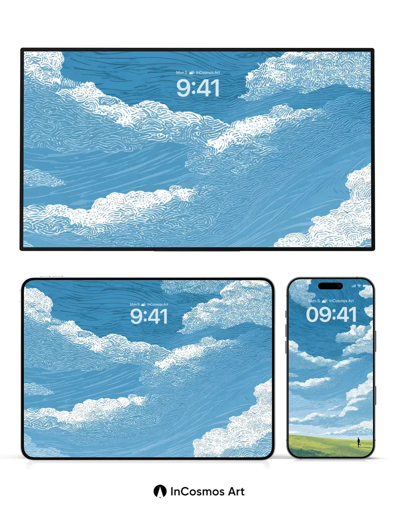 Serenity Skyline Wallpaper with Hokusai Clouds