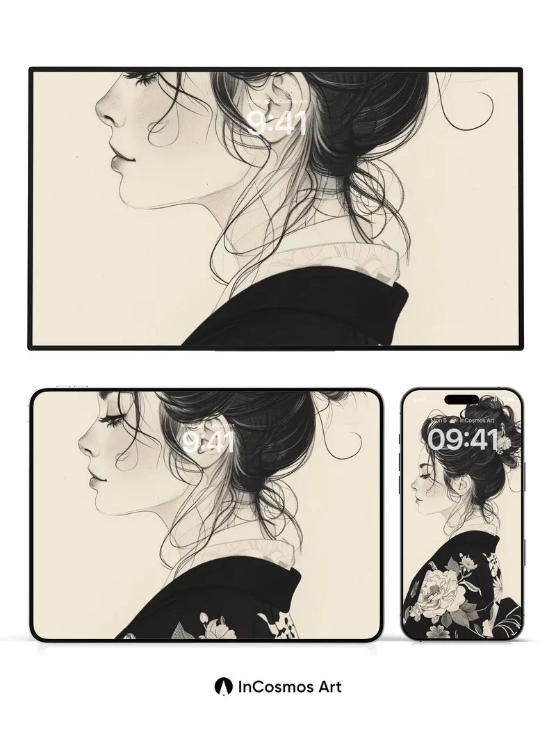 Silken Stillness Wallpaper with Ink-Flower Embrace