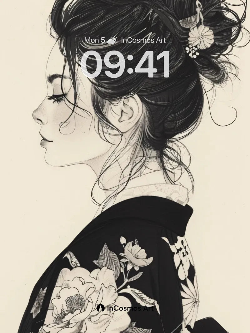 Silken Stillness Wallpaper with Ink-Flower Embrace