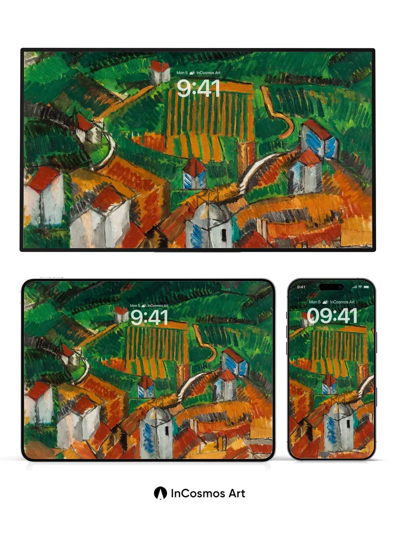 Cubist Village Wallpaper with Earth-Toned Fields