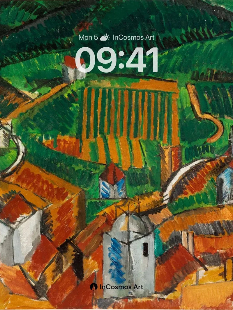 Cubist Village Wallpaper with Earth-Toned Fields