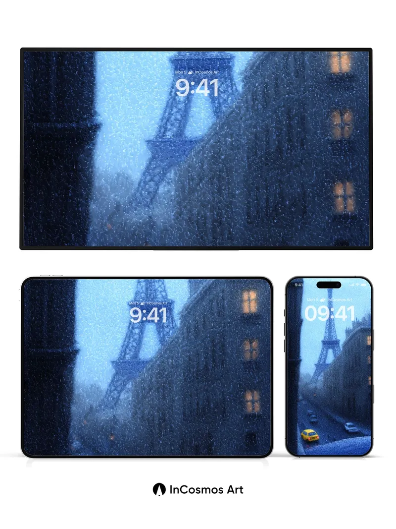 Rain-Slicked Paris Wallpaper with Eiffel Glow