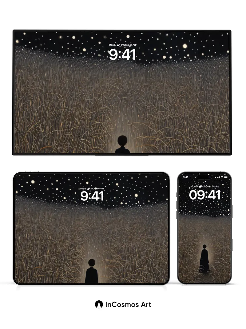 Starry Field Wallpaper with Silent Figure