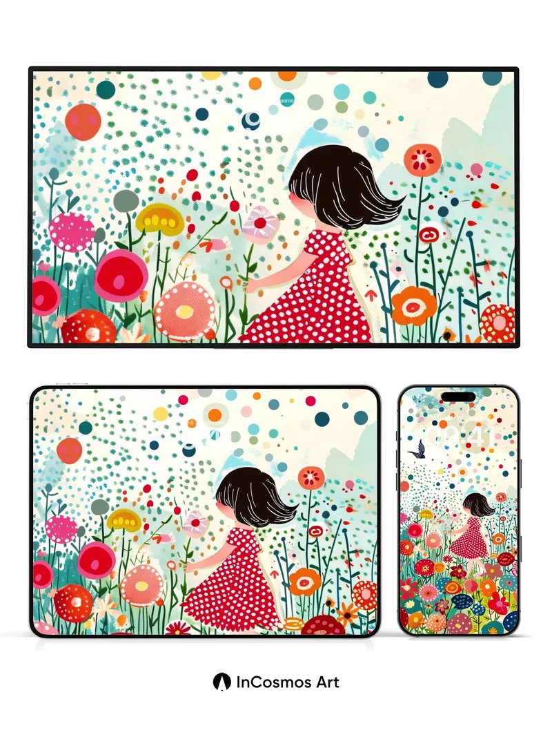 Whimsical Bloom Wallpaper with Polka-Dot Sky