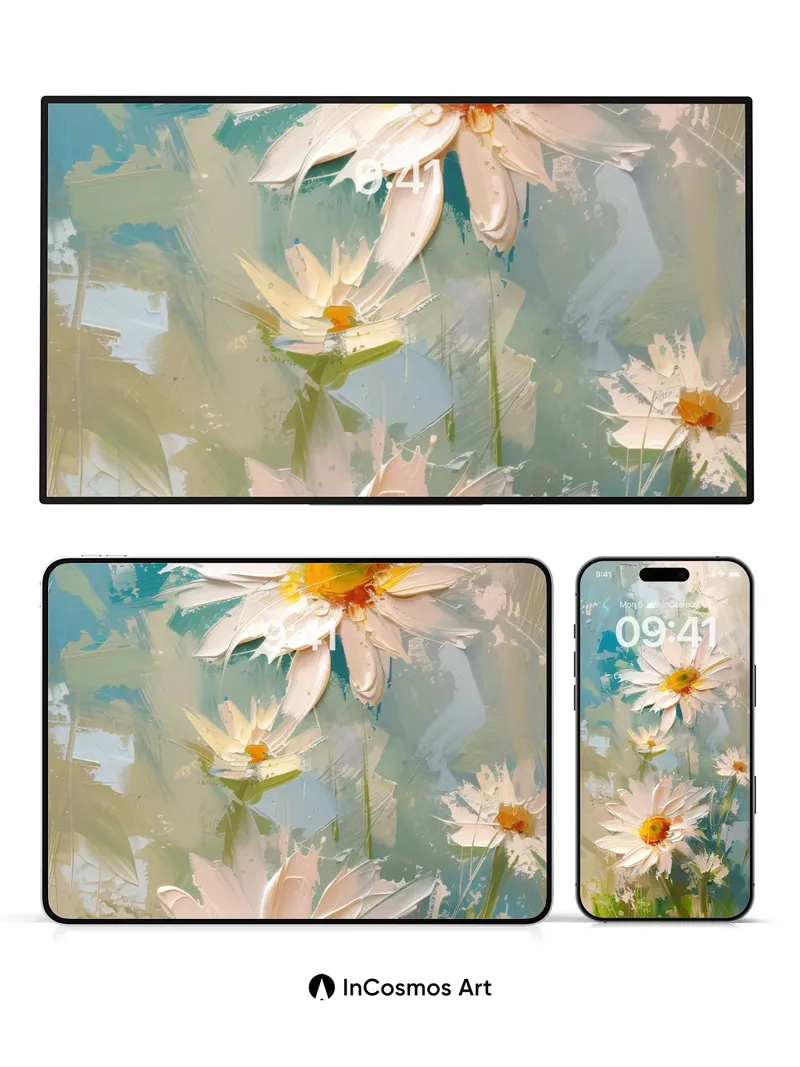 Serene Daisy Field Wallpaper with Impressionist Brushwork