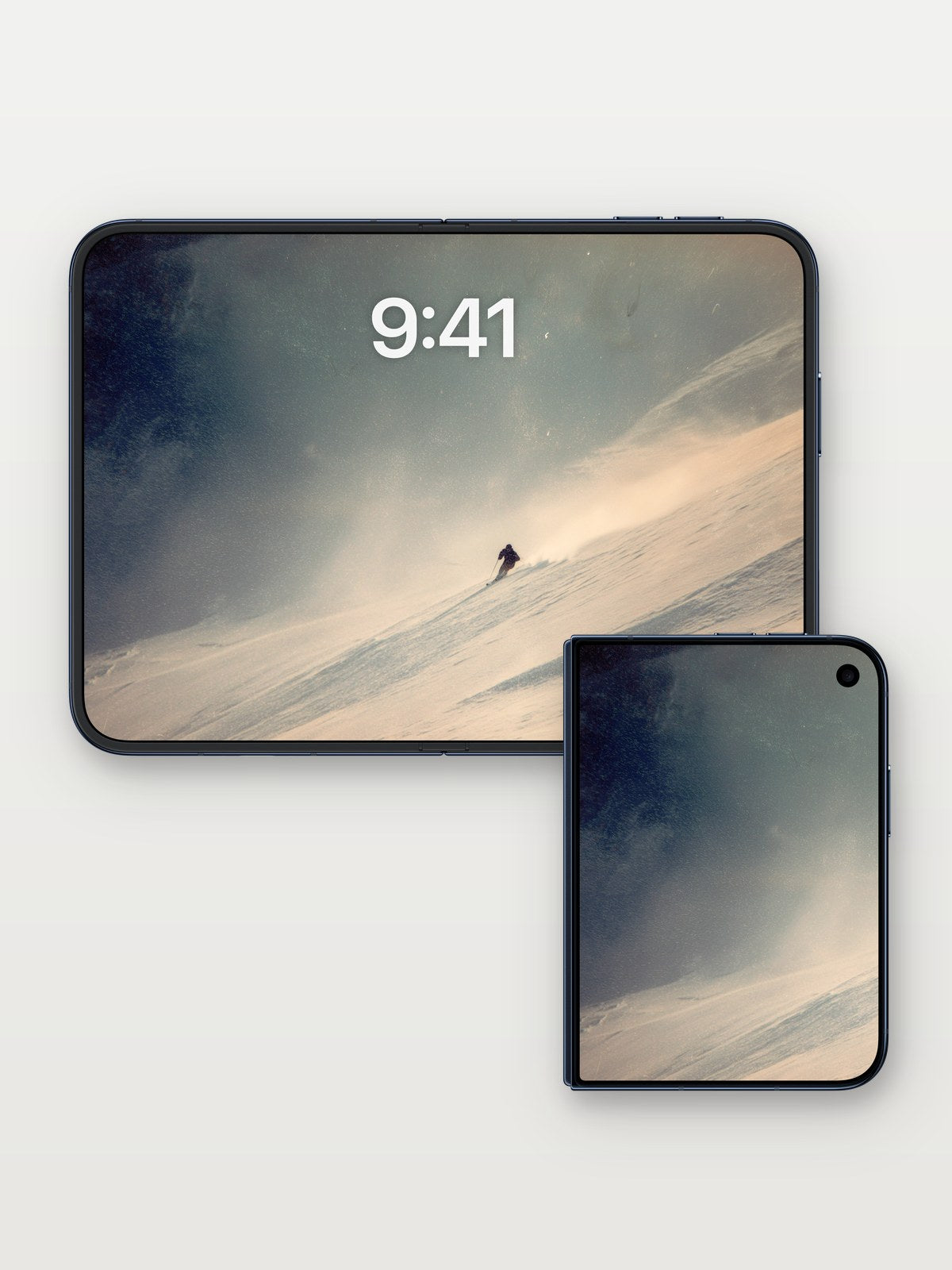 Solitary Descent Wallpaper with Snowstorm Breath on iPhone Duo, open and closed