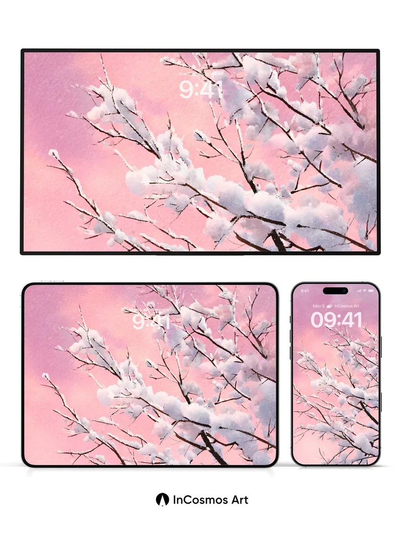 Frost Whisper Wallpaper with Pink Sky Veil