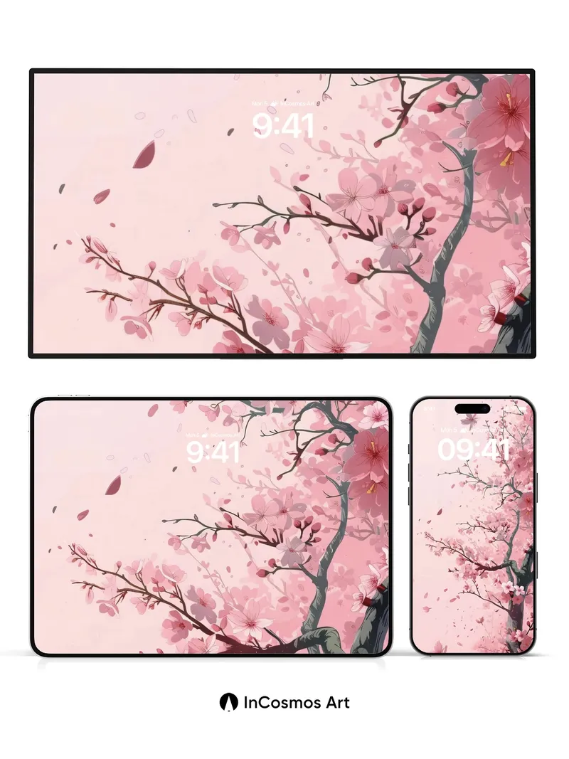Serene Cherry Bloom Wallpaper with Floating Petals
