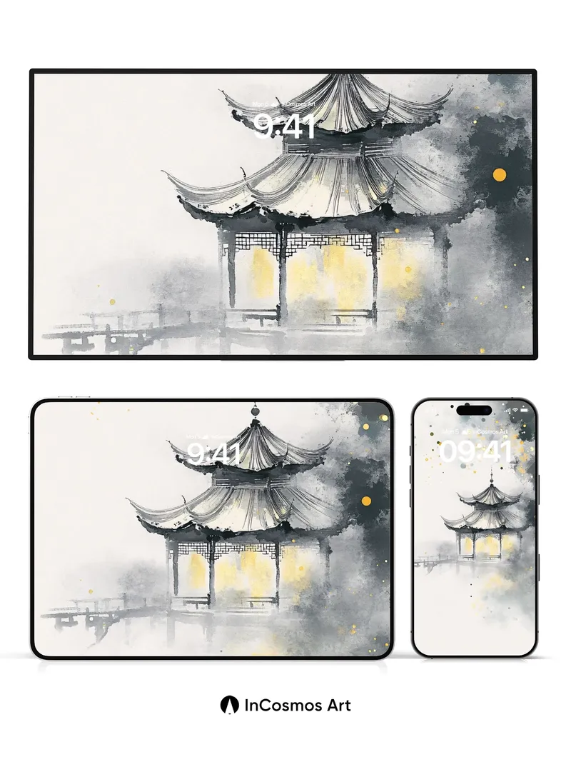 Misty Pavilion Wallpaper with Golden Hues