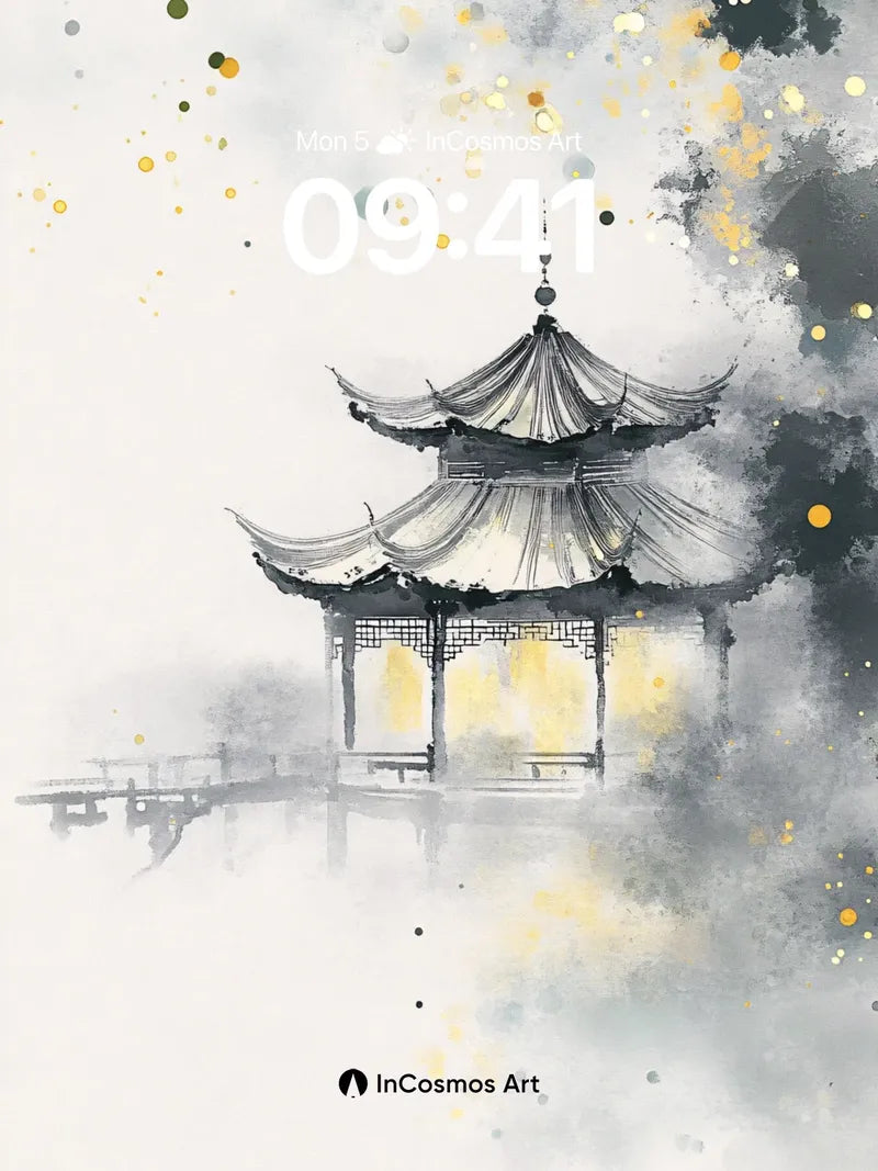 Misty Pavilion Wallpaper with Golden Hues