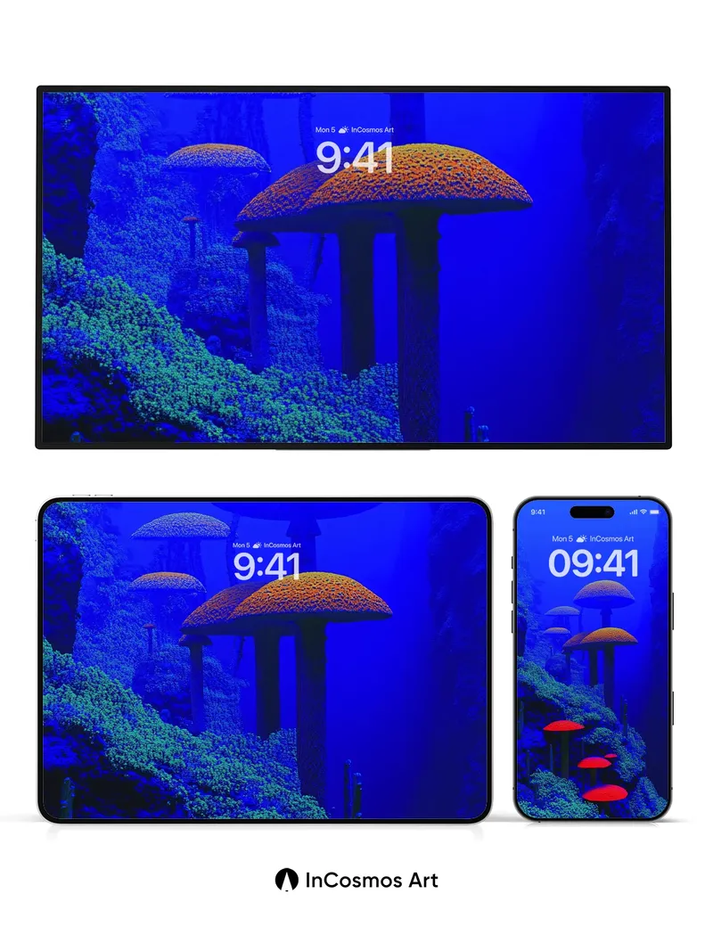 Cobalt Canyon Wallpaper with Bioluminescent Fungi