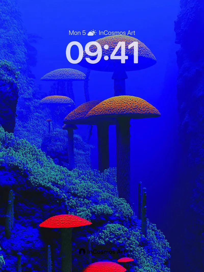 Cobalt Canyon Wallpaper with Bioluminescent Fungi