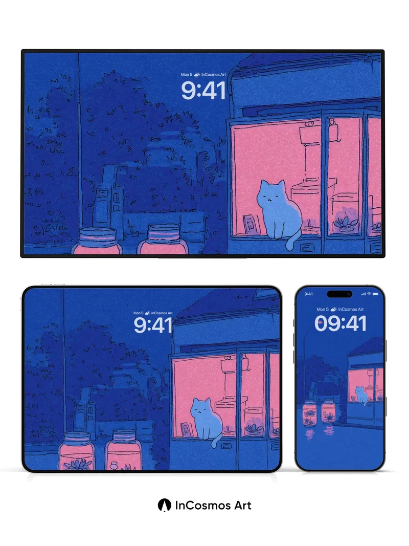 Cobalt Hush Wallpaper with Neon Jar Lights