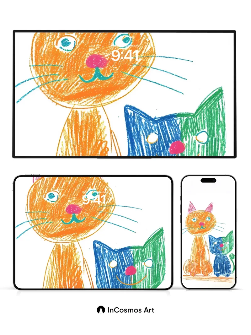 Whimsical Feline Hug Wallpaper with Crayon Charm