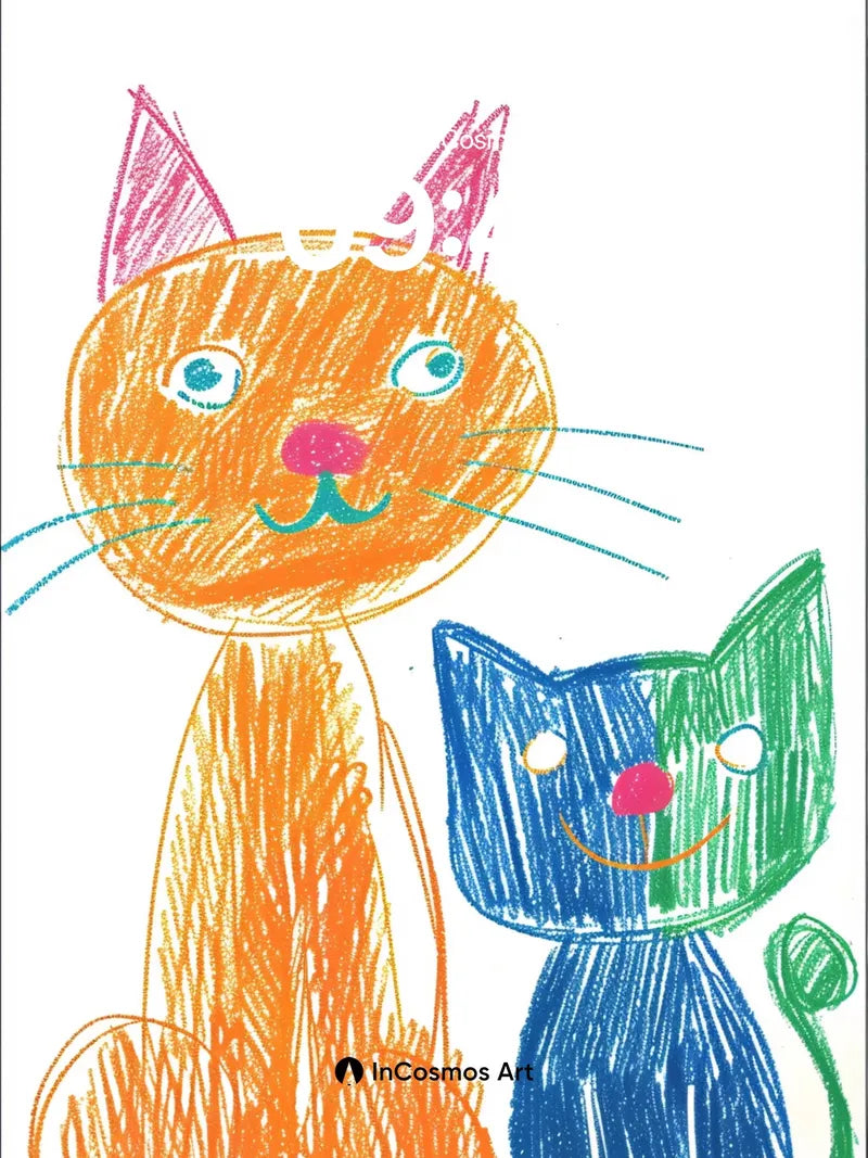 Whimsical Feline Hug Wallpaper with Crayon Charm