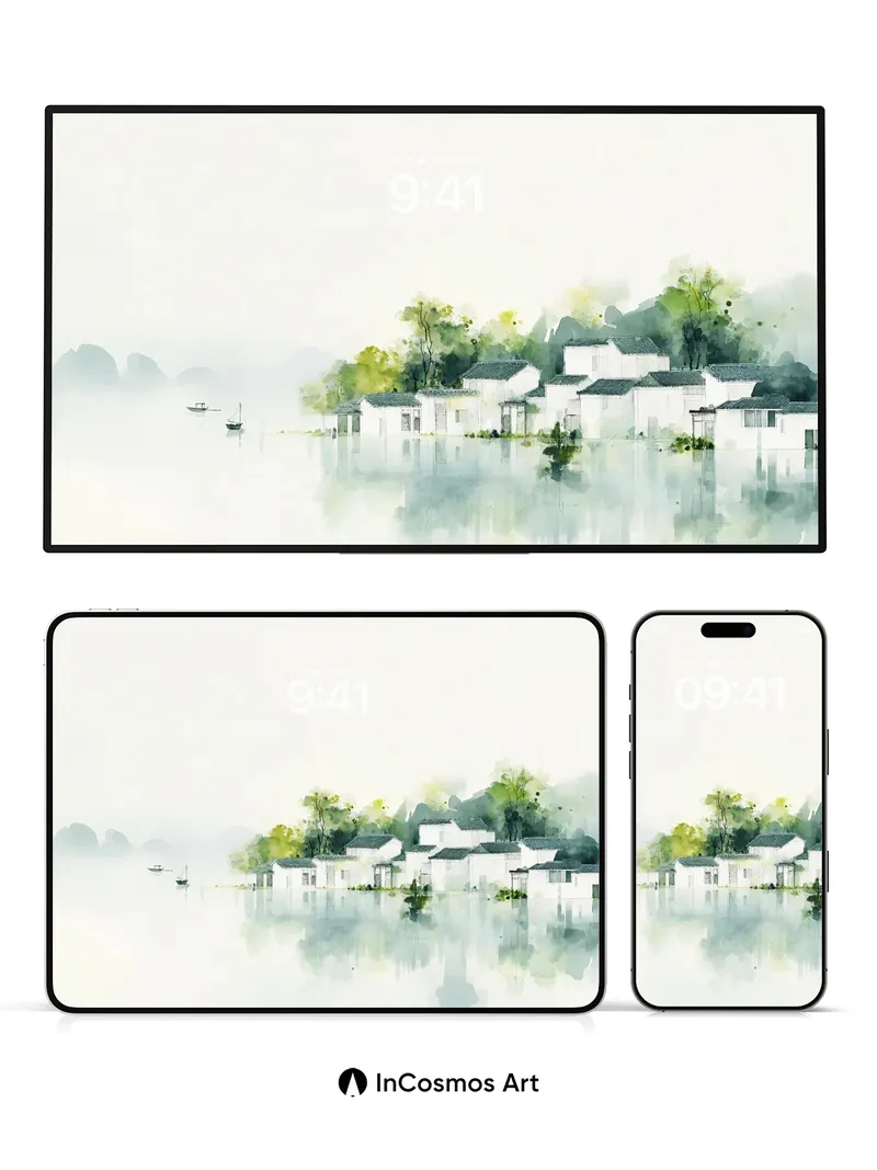 Serenity Mirage Wallpaper with Ink-Washed Reflections