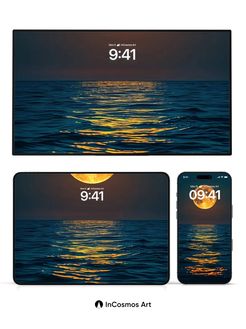 Golden Horizon Wallpaper with Moonlit Water Trails