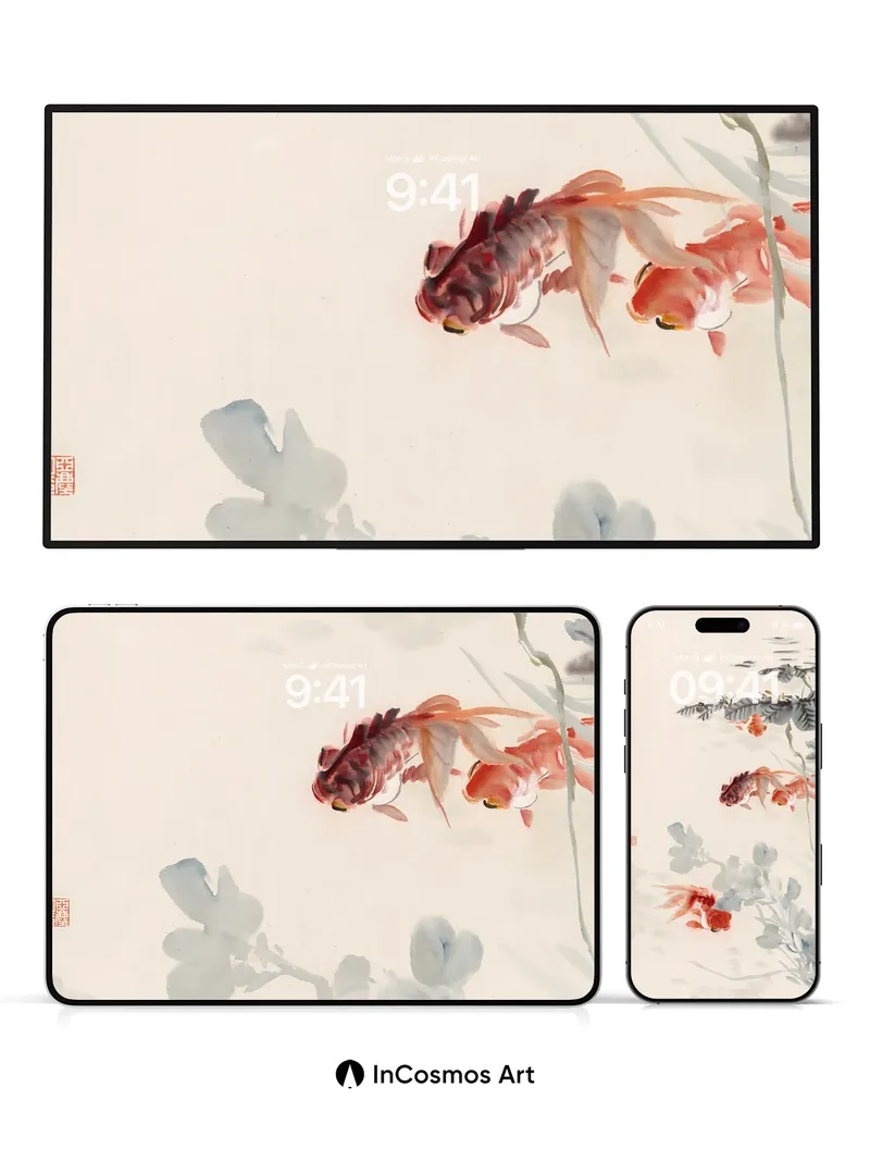 Serene Koi Garden Wallpaper with Ink-Washed Leaves