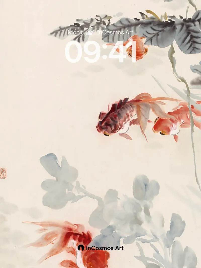 Serene Koi Garden Wallpaper with Ink-Washed Leaves