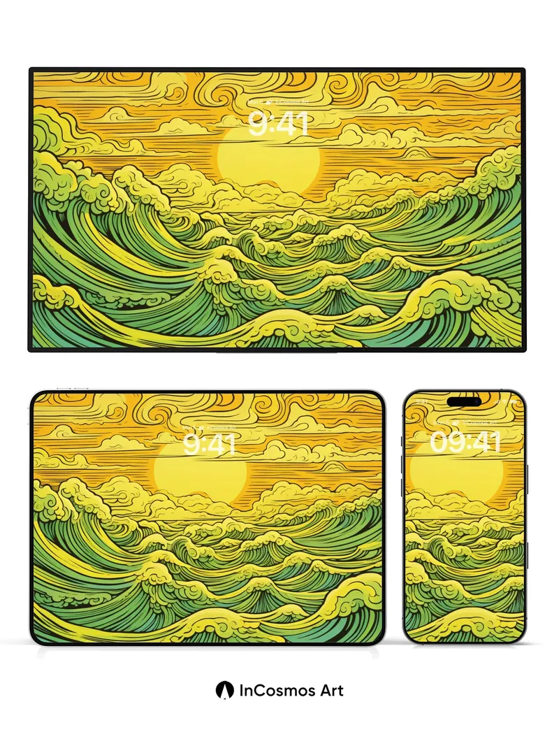 Golden Surge Wallpaper with Hokusai Waves