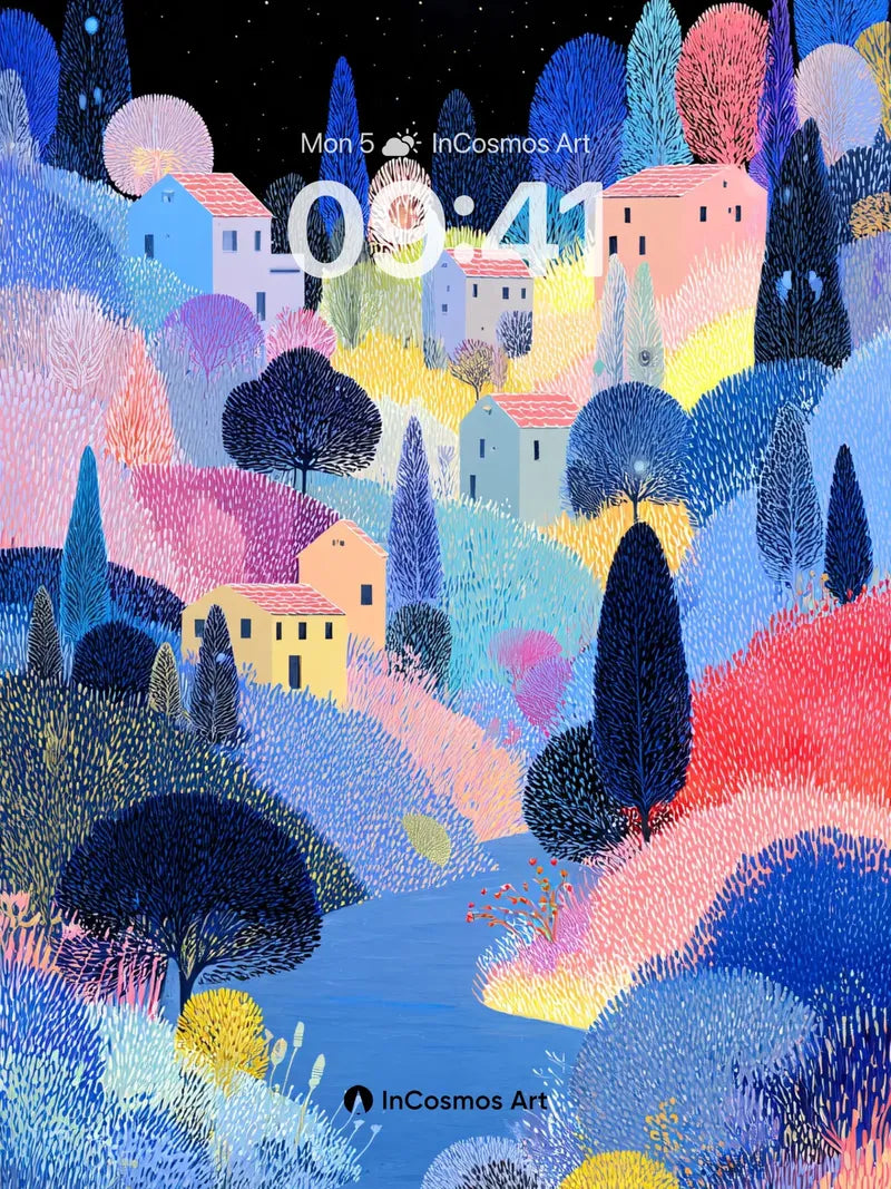 Starry Night Village Wallpaper with Colorful Trees wallpaper for iPhone, iPad & Mac
