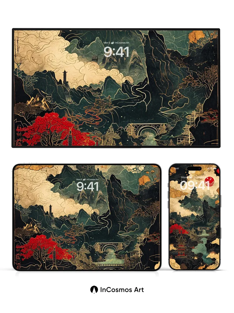 Celestial Ink Wallpaper with Floating Pagodas