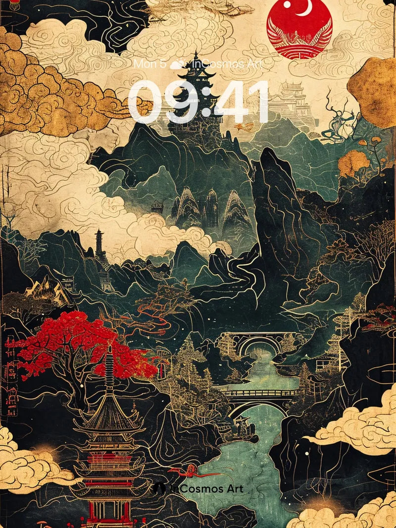 Celestial Ink Wallpaper with Floating Pagodas
