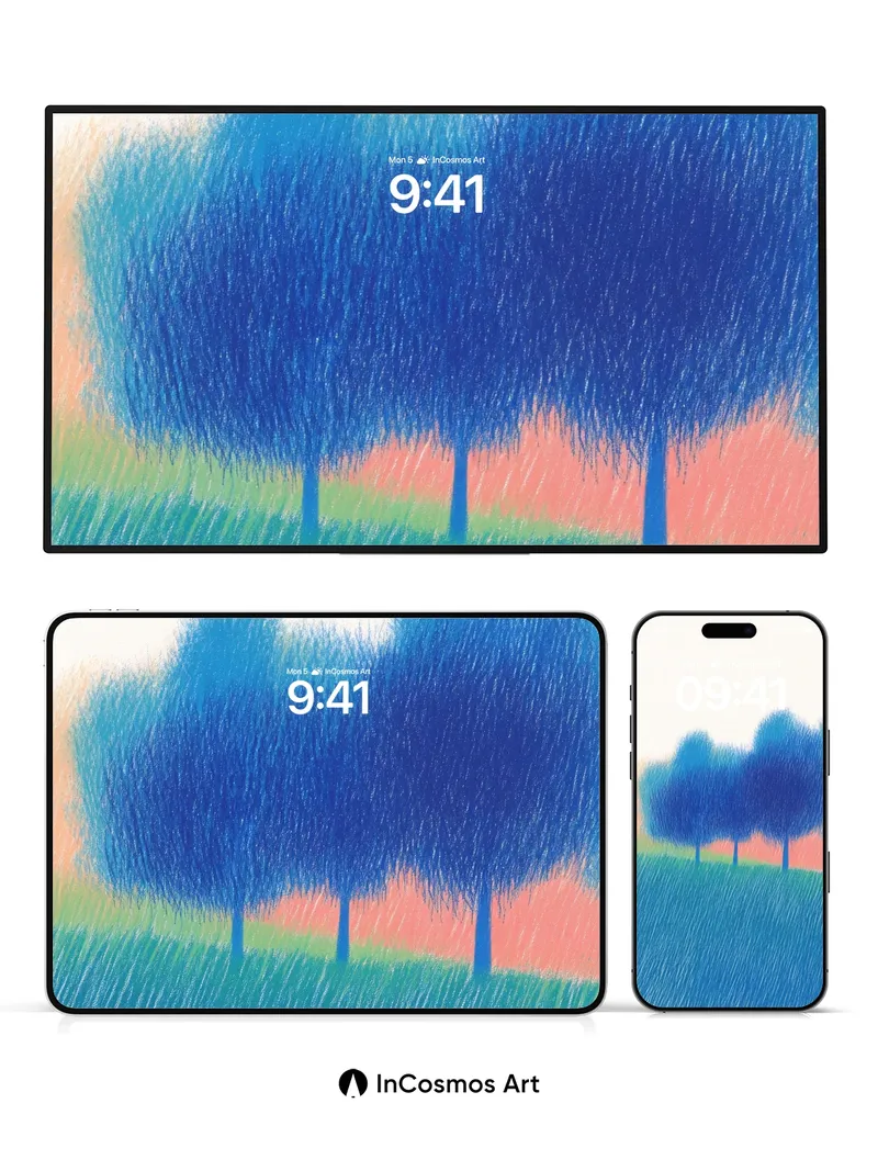 Whispering Blue Trees Wallpaper with Rain-Textured Fields