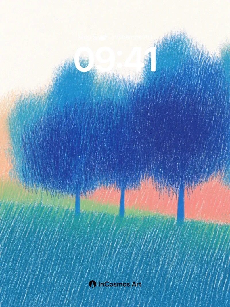 Whispering Blue Trees Wallpaper with Rain-Textured Fields