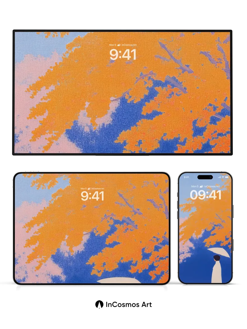 Serenity Under Autumn Canopy Wallpaper with Gentle Umbrella