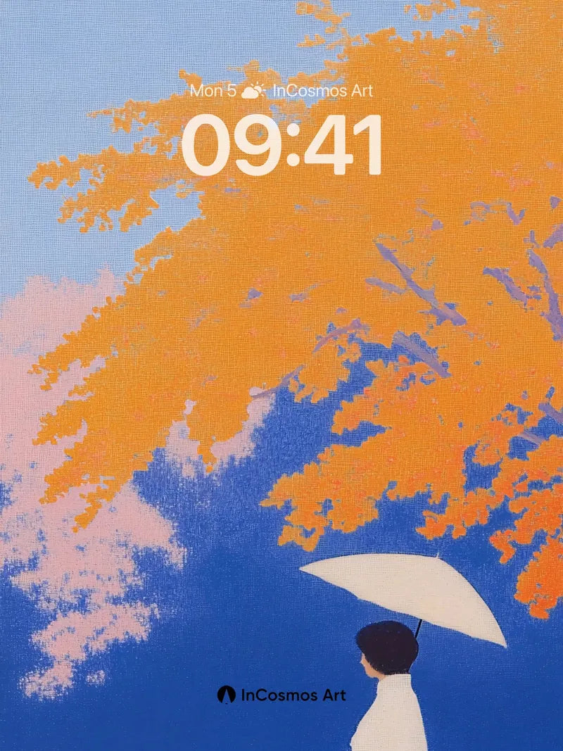 Serenity Under Autumn Canopy Wallpaper with Gentle Umbrella