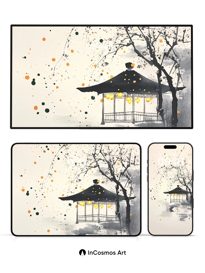 Serenity Gazebo Wallpaper with Floating Ink Dots