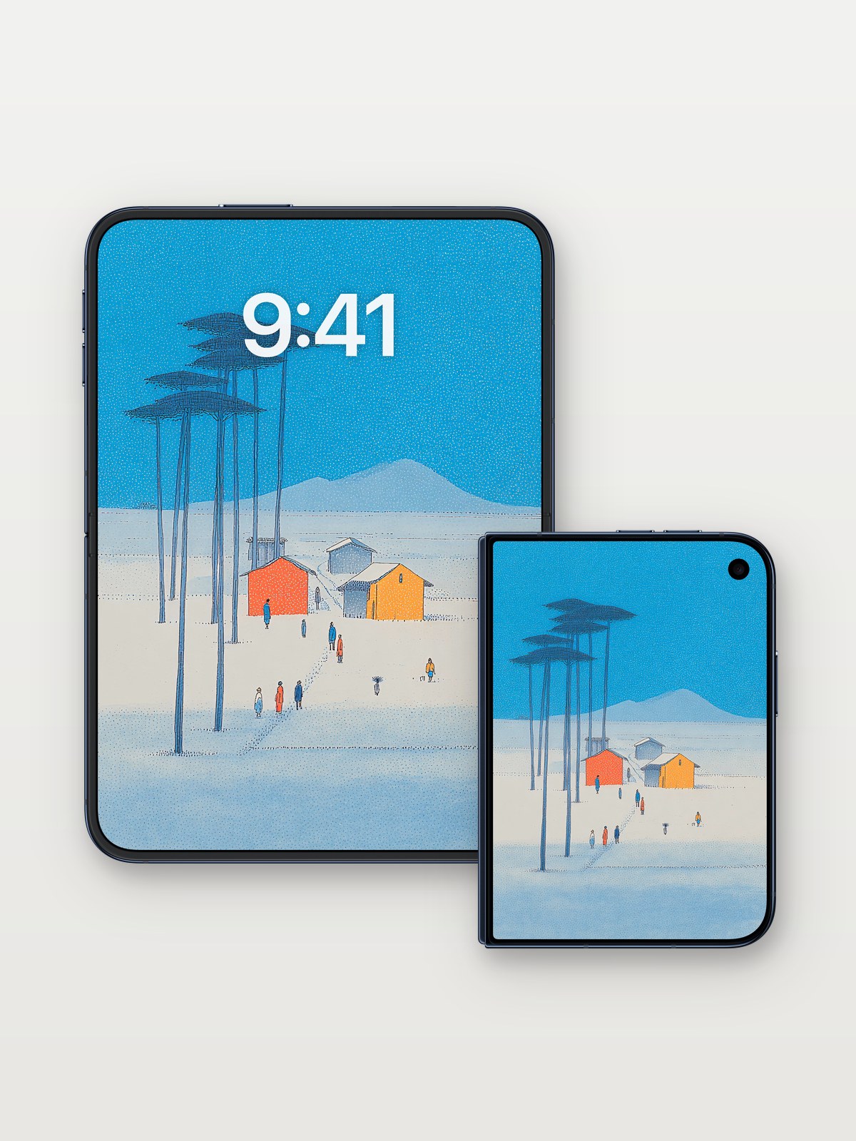 Serene Winter Village Minimalist Background on iPhone Duo, open and closed
